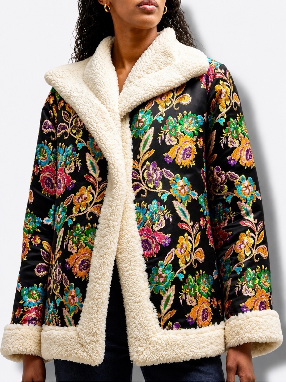 JOHNNY WAS Sofie Floral Jacquard Sherpa Statement Coat